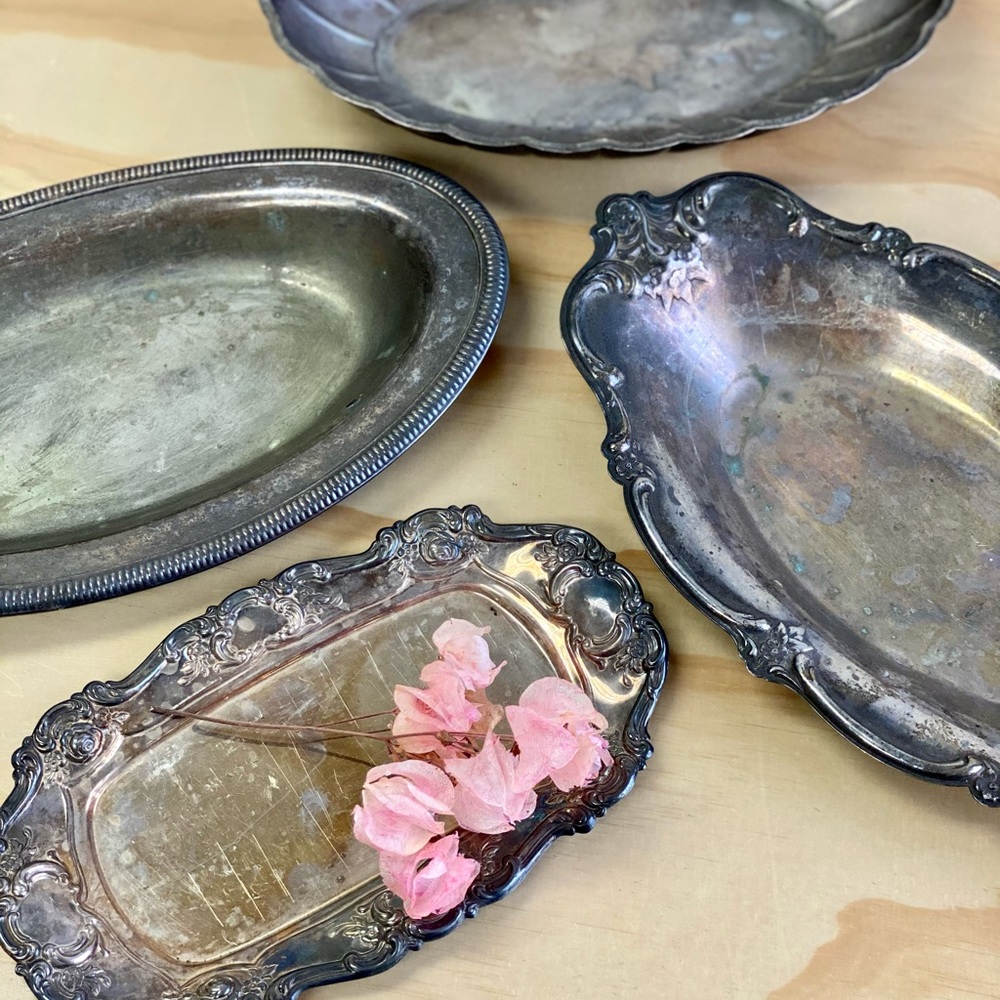 4 piece set of tarnished silver serving trays